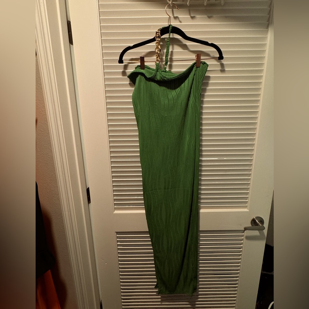 Women's Plain Textured Chain Decor Asymmetrical Neck Bodycon Dress (Never worn)